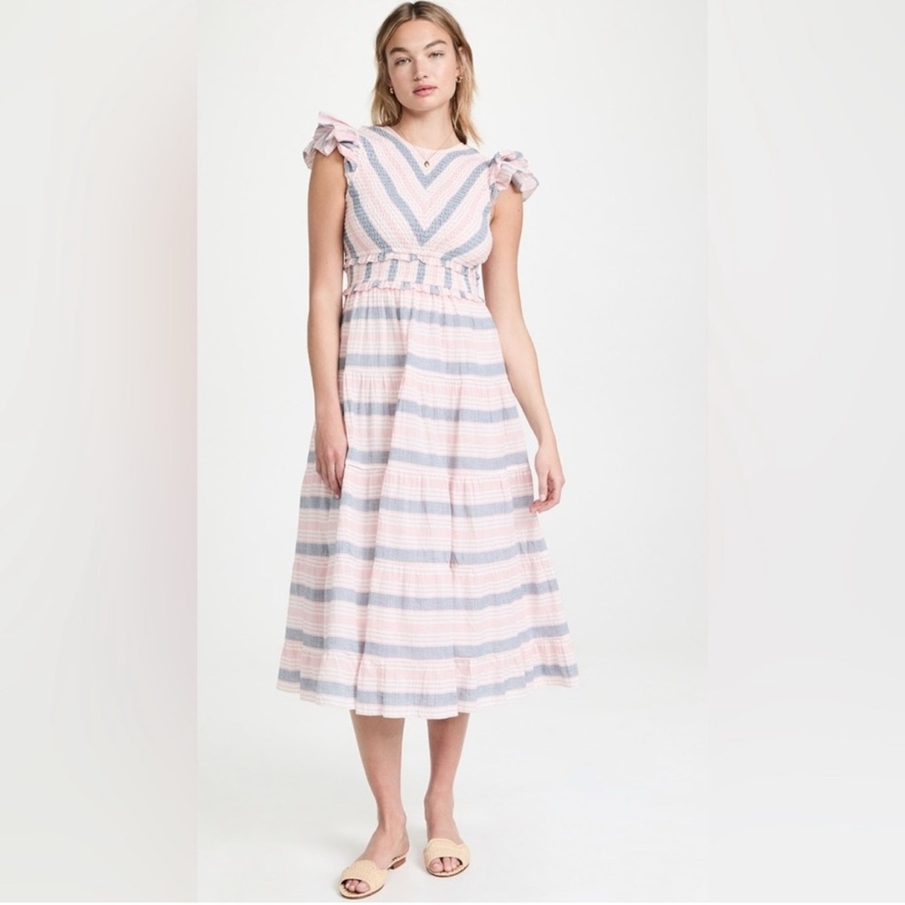 SAYLOR Women's XS Alanna Dress Striped Midi Flutter Sleeve Smocked Tiered Skirt